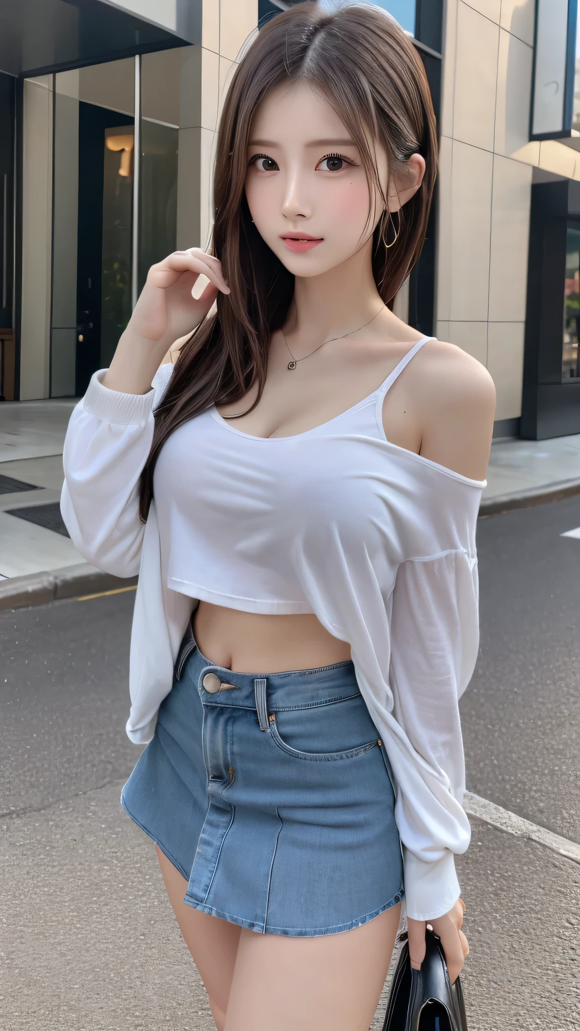 in 8K,photos realistic (1 Cute Korean Idol ) low-tied long hair, Thin makeup, Medium chest size, Close-up portrait, nffsw、Punk Girl、Pendants,breasts deep cleavage、FULL BODYSHOT、beauty legs、Beautiful legs、16-year-old 、(Super beautiful girl:1.5)、(A detailed face)、Adult face、Bare legs, thighs、a closeup、full body Esbian、Nasty eyes、((Random sexy poses:1.5)),((full shot:1.5)),((beautiful skin:1.5)) ,,((Off-the-shoulder T-shirt:1.5)),((mini skirt:1.5)),((Around town))