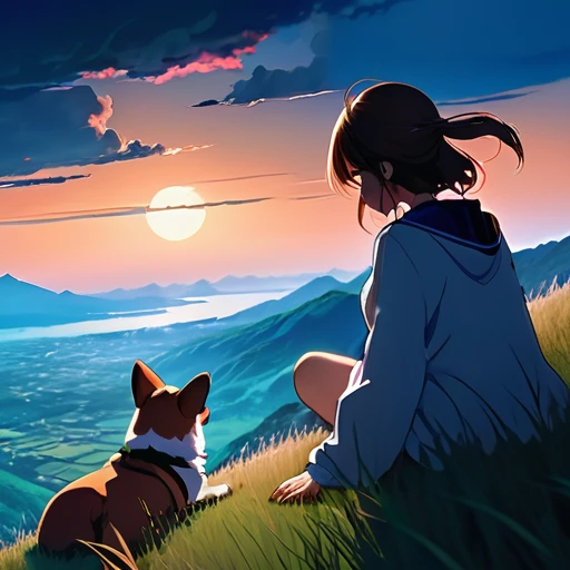 anime landscape of a girl&cute corgidog sitting on a hill with grasses with dark blue clouds, blue cere madder sky lightly big bell with few clouds, anime nature wallpapers, beautiful anime scene, beautiful anime peace scene, Makoto Shinkai Cyril Rolando, beautiful scene of anime, amazing wallpaper, anime art wallpaper 8k, anime background, art anime background, anime 4k wallpaper, anime art 4k wallpaper, anime art 4k wallpaper, prayer of requiem prayer of requiem