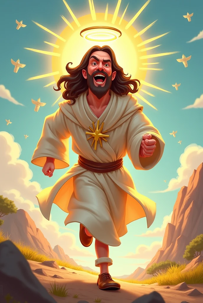 Draw a saint running in cartoon