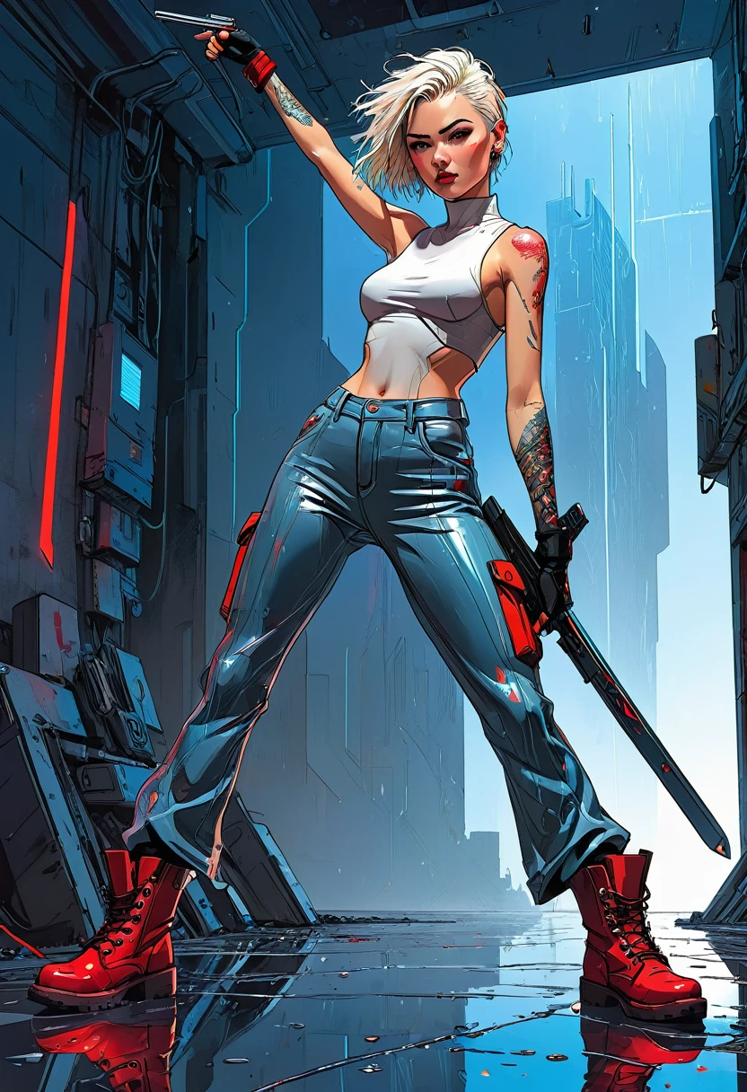 A young cyberpunk static girl, comic style, beautiful ((whole body))  wide trousers, Red boots, A raised arm holding a futuristic weapon, frontal, high contrast image, cara muy beautiful, powerful shocking modern current, modern, actual, Casual, expression of freedom, expression of rebellion, contracted lighting, Digital paint, digital portrait, An ultra-fine and detailed painting, moebius style, jean giraud, wet floor reflections