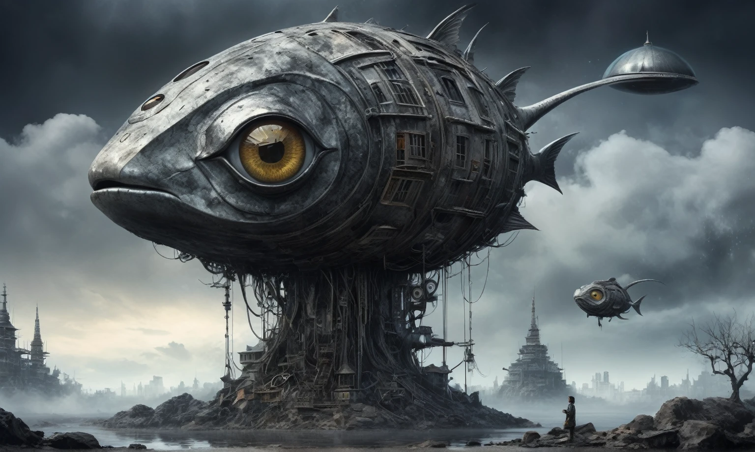 fish eyes, A Modern flat toon Crazy whit a Big ONE a Only Eye Robot USSR , and helmet Style, tongs in hands, pinhead, camouflage Rusty, Ambient in a meteorite ,graphite old witch after a psychiatric clinic,winter,intricate landscape,slate grey atmosphere,film grain,,faded,snake eyes extremely detailed,another world,ring of truth,French Braid with a Twist,view from height,once pretty face,eyebrow up,full body shot,ominous landscape, Simon Stalenhag,Nicola Samori,full body shot,beggar paladium The Alien Entity,Technicolor,natural skin textures, hyper realism, hyper detailed,Extremely detailed,High contrast,Masterpiece,Realistic,Ultra Detailed, intricate details,realistic humid leather,extremly intricate,Epic Realistic, cinematic style,irina yermolova,high contrast,hdr,extremely detailed, deep night landscape,masterpiece,intricate details,faded,eyes extremely detailed, high detailed eyes,8k resolution,RAW,retina, Nikon Z9,China,Guangxi Zhuang of China,tkt style,ears perfect, transition between two art styles, Ink painting to photorealism, Double contact, X-ray, Creative, vivid light, masterpiece, fantasy, Abstract, Surrealism, super detailed, high resolution, stop:35;(((creature with a spectral and ghostly appearance)). Her skin is pale, almost translucent,ancient rock,sharkfish's leather,In a vibrant and mesmerizing artwork, a hot air soars through the layers of clouds, revealing a colossal and enigmatic cityscape nestled within. The buildings in this ethereal city are adorned with intricate details and exude an aura of mystery. Above the cityscape, lend an enchanting touch to the scene. steampunk. The intricate mechanics create a sense of wonder and fascination, as if stepping into a dreamlike realism
