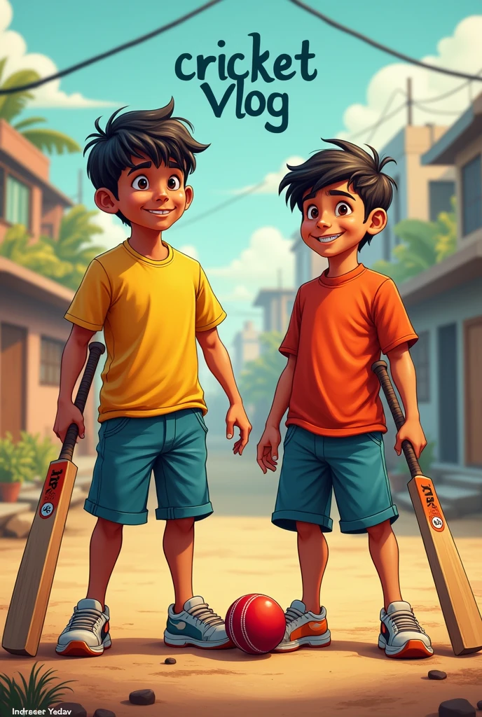 Draw a youtube thumbnail for gully cricket vlog video with two boys with bat and ball , a stylish text on middle "cricket vlog " ,and name in corner "indrajeet Yadav" with text 