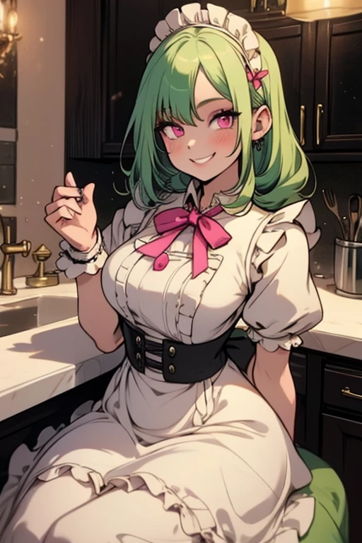 Perfect face. Perfect hands. A light green haired woman with  pink eyes with an hourglass figure in a Lolita maid dress is smiling while sitting on a counter in a fancy kitchen