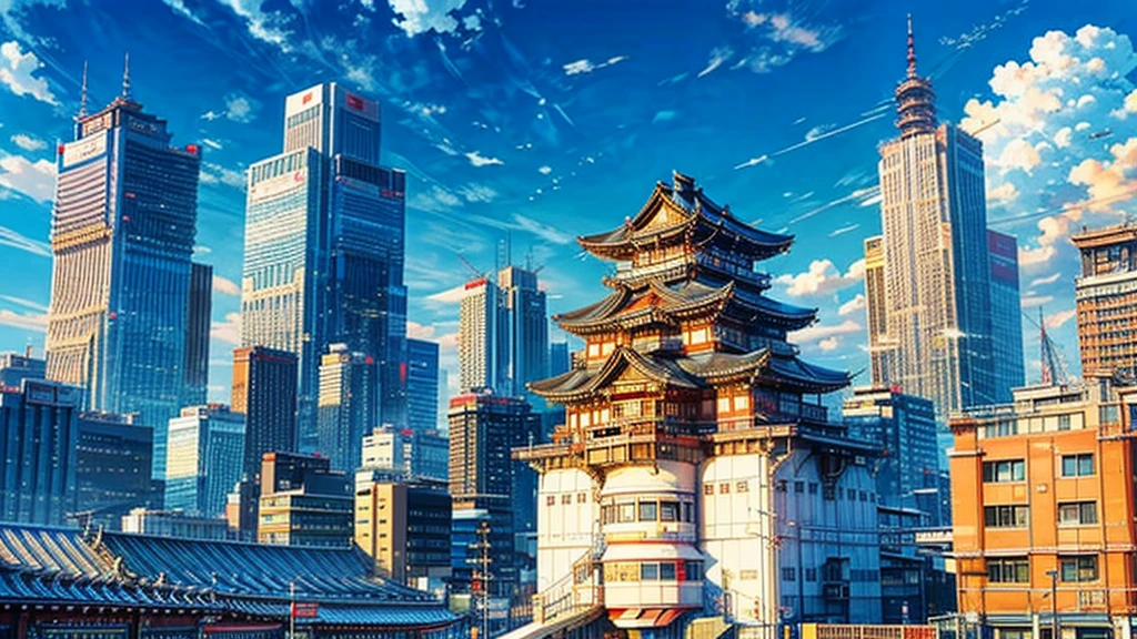 Osaka, Japan city scenery,Blue sky, white clouds and good sunshine,Osaka Yakiniku