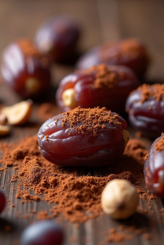 Dates are the main character with nuts everywhere and the cacao powder spread around along with coconut sprinkles everywhere with dried grapes being all filmed for an international brand as an advertisement