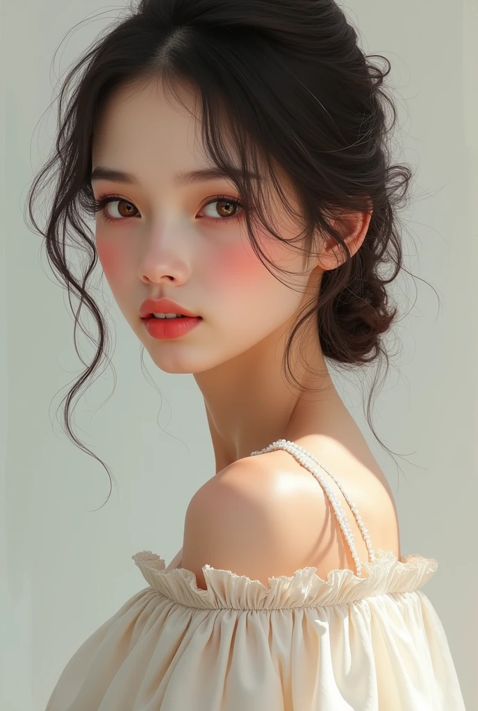A beautiful girl long face having colorful eye and wearing white frock