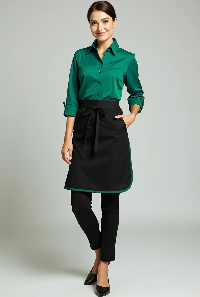Design a uniform for a woman with an emerald green shirt , black pants , black shoes , black apron with emerald green