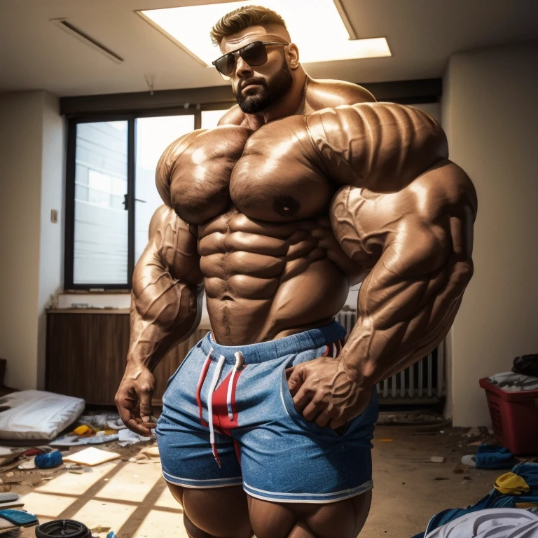 hyper growth, hyper muscles, a very handsome young man, white skin, sunglasses, shirtless wearing gray shorts, exaggeratedly huge body, exaggeratedly muscular, exaggeratedly huge muscles, exaggeratedly huge arms, biceps and shoulders, with exaggeratedly huge pecs, with an exaggeratedly huge bulge, standing in a destroyed apartment