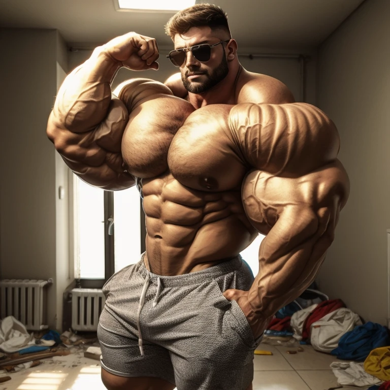 hyper growth, hyper muscles, a very handsome young man, white skin, sunglasses, shirtless wearing gray shorts, exaggeratedly huge body, exaggeratedly muscular, exaggeratedly huge muscles, exaggeratedly huge arms, biceps and shoulders, with exaggeratedly huge pecs, with an exaggeratedly huge bulge, standing in a destroyed apartment