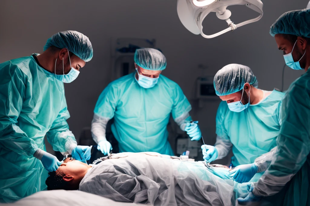Title: Neurosurgery Scene: Men in White Coats Performing Brain Surgery in a Dimly Lit Environment

Description: Generate an image depicting a scene of men in white coats conducting neurosurgery in a dimly lit setting. The atmosphere should be somber, with subtle lighting casting shadows across the surgical theater. The surgeons, dressed in white coats and surgical masks, should be positioned around the operating table, focused intently on the delicate procedure unfolding before them. Advanced surgical equipment and monitors should be visible, emphasizing the complexity and precision of the operation. The overall mood should convey a sense of intensity and concentration, as the medical team works diligently amidst the subdued lighting of the operating room. some blood from cuts and wounds. [Entire scene is surrounded by mist, evoking a mysterious and eerie atmosphere. The lighting is dark and atmospheric, with smoke and fog adding a touch of sinister ambiance. Best quality image, HDR enhancement, showcasing the utmost level of detail and realism]. [8K, Best Quality, Ultra High Resolution, (highly detailed CG unity 8k wallpaper), (best photo), (best shadows), isometric 3D, octane rendering, ray tracing, highly detailed, (Best quality, 4K, 8k:1.2), absurdity, ultra detailed, (realistic, photorealistic, photorealistic:1.37), complex parts, HDR, (complex parts:1.12), (hyper detailed, hyper realistic, Soft lighting, spicy:1.2), (complex parts, Hyper detailed:1.15). Blurred foreground. (backlit), masterpiece, high quality, brightness, chromatic aberration, foggy smoke, shadows, contrast, (warm hue, warm tone), high details, natural reflections].