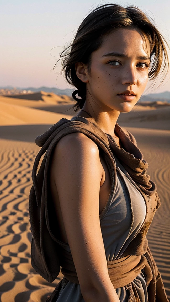 masterpiece, Transition to a desert landscape at sunset, a lonely figure, A beautiful -yeld Amcan teenager emerges wearing beautiful post-apocalyptic nomadic clothes., White skin, by rubio, gray blue eyes, Freckles in the face, slim body for running, small breasts, Very detailed face, ultra realistic face, very beautiful face, clean but tired face, post-apocalyptic clothing. Layers of tattered fabric, unconventional accessories, and a worn appearance create an aura of survival and resistance., 16k, ultra high resolution.photorealistic, HD, raw, DSLR, with the face of jeniffer lawrence