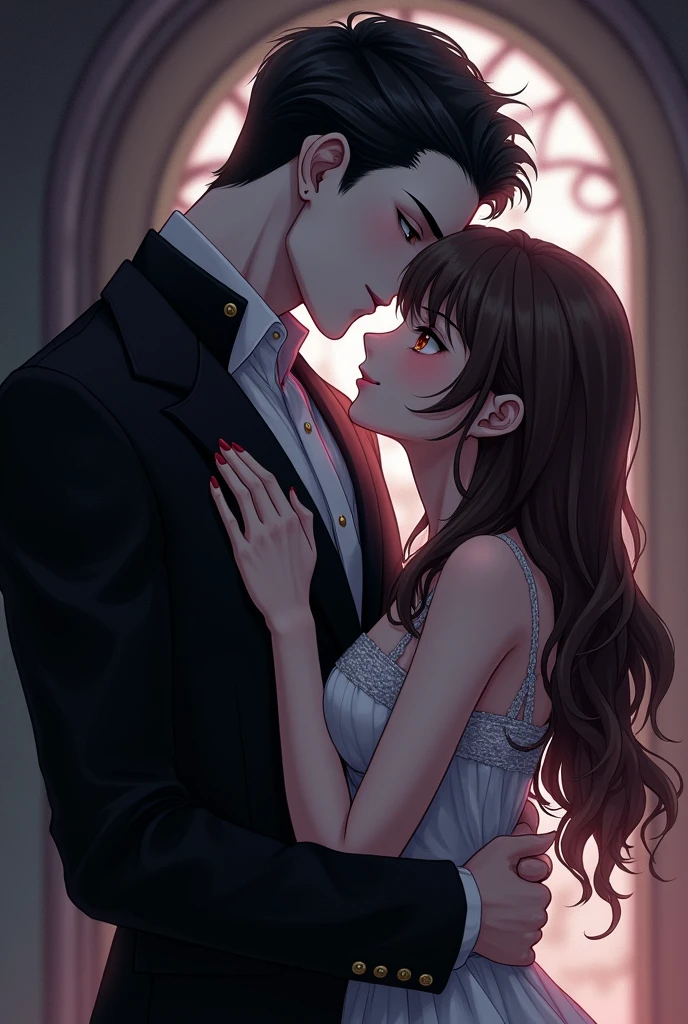 Anime style Sketch of a handsome vampire hugging a pretty girl with long brown hair from behind