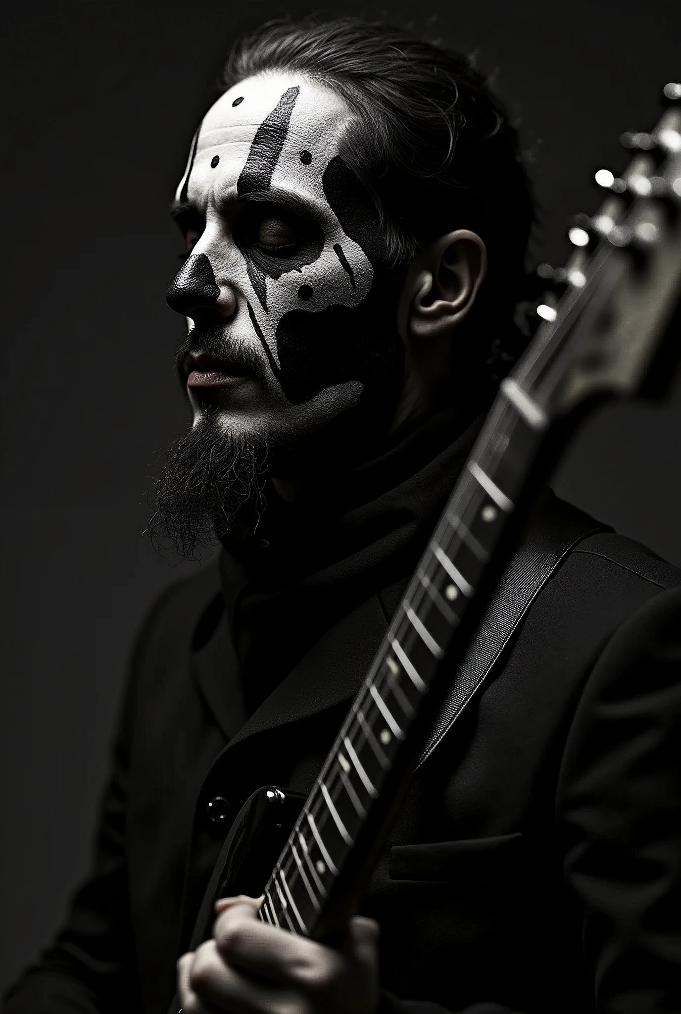 a close up of a person with a guitar in a dark room, black metal style, black metal aesthetics, black metal, metalhead, felix englund style, black metal rococo, just art for dark metal music, with black metal face paint, beastman concept, heavy metal art style, berserker, corpsepaint, heavy metal artwork, dark metal