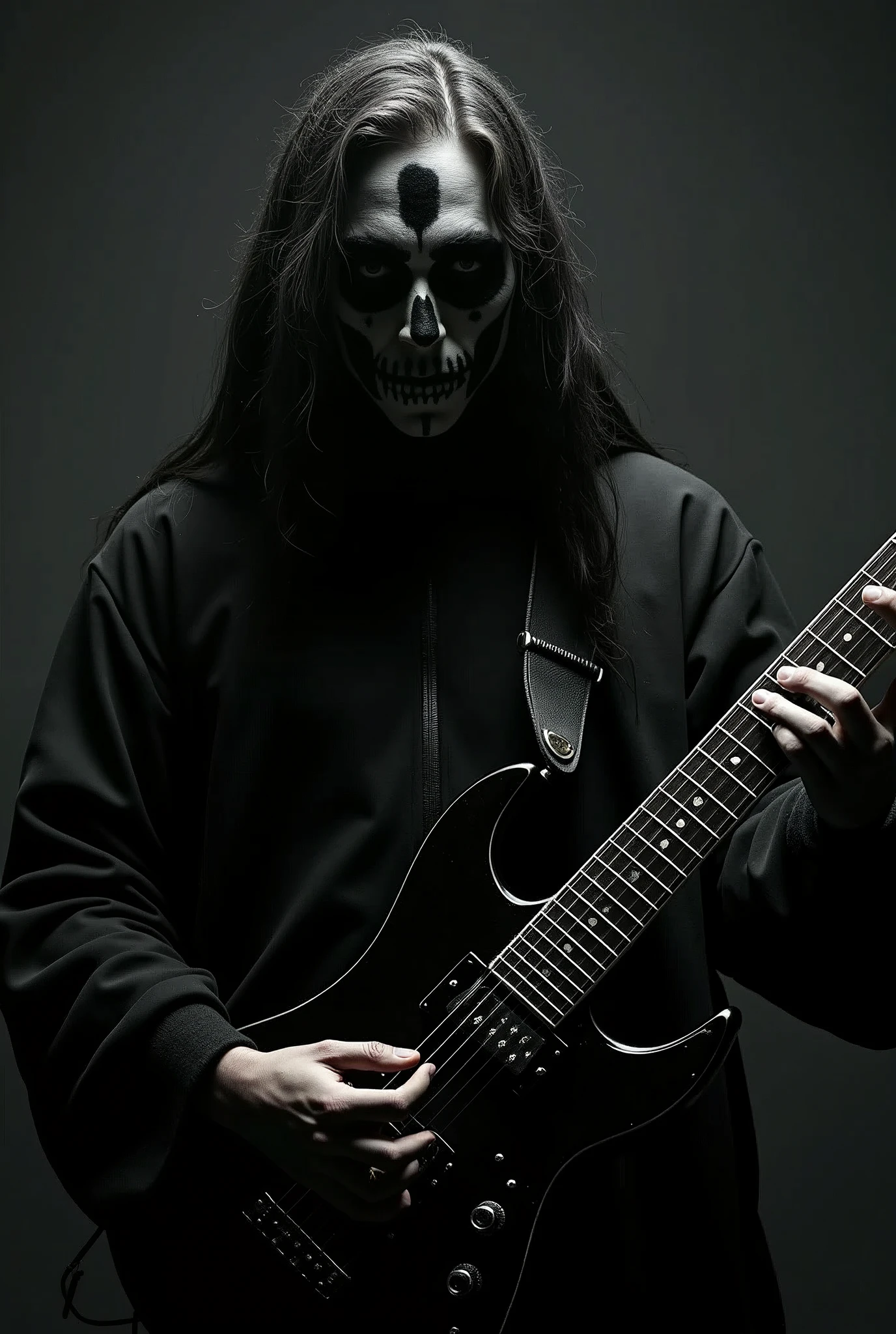 a close up of a person with a guitar in a dark room, black metal style, black metal aesthetics, black metal, metalhead, felix englund style, black metal rococo, just art for dark metal music, with black metal face paint, beastman concept, heavy metal art style, berserker, corpsepaint, heavy metal artwork, dark metal