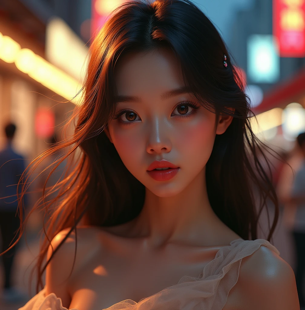 beautiful detailed eyes, beautiful detailed lips, extremely detailed eyes and face, long eyelashes, 1 girl, photorealistic, cinematic lighting, soft lighting, glowing skin, warm lighting, street scene, walking, korean fashion, city background, dynamic pose, cinematic style, high quality, 8k, detailed environment, realistic textures, beautiful colors, dramatic lighting