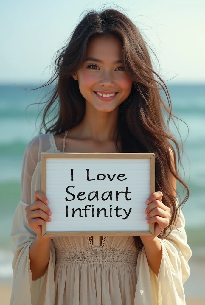 Beautiful girl with wavy long hair, bohemian dress, holding a white board with text "I Love Seaart Infinity" and showing it to the viewer