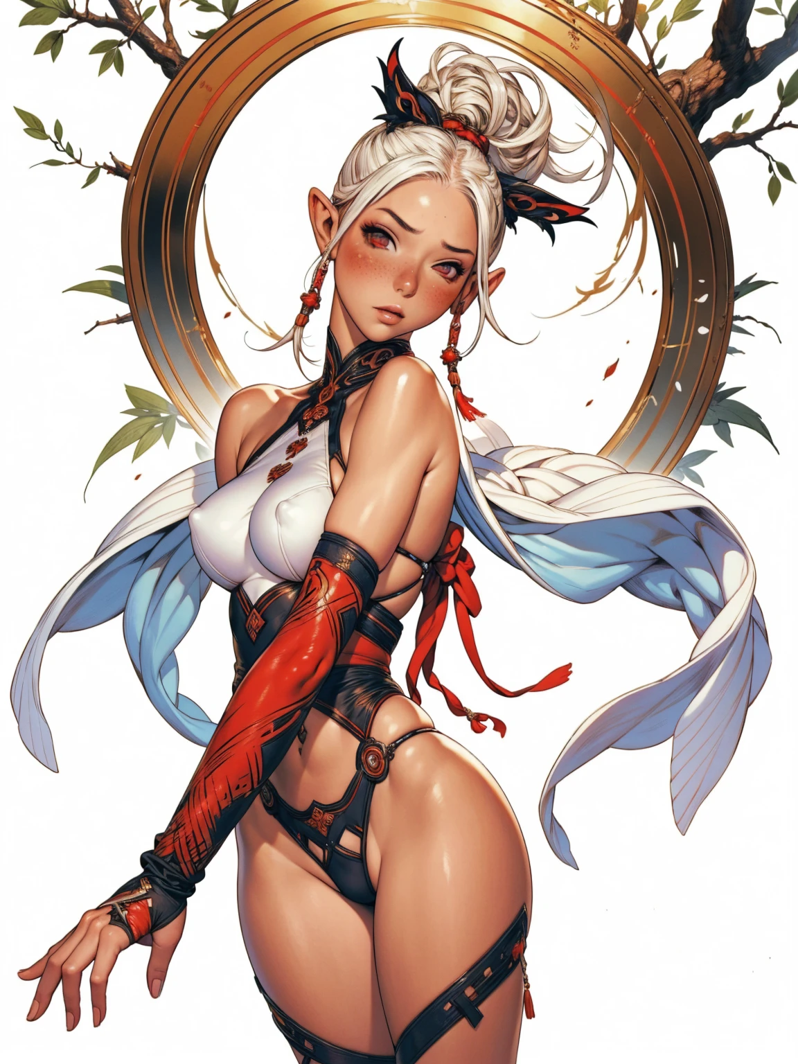 (best qualityer))), (((manga strokes))), (((white hair with red highlights))), (((blue skin))), uma Kizi elfo com orelha pontudas em uma floresta densa, semi-naked with arms covered in rustic metal articulated armor, breasts covered with bands, tiny thong thong, perfect fitness body, perfect face with blush, freckles, skin shiny with sweat, dynamic pose, moving between the trees, looking back, fugitive, bitter face on my thigh, nude belly, fantasy atmosphere, sexly, manga strokes, High definition, (((best qualityer: 1.4))), (Unbeatable masterpiece), (hiper HD),(CG 8k hyper-realistic), Kizi, (((standing alone)))