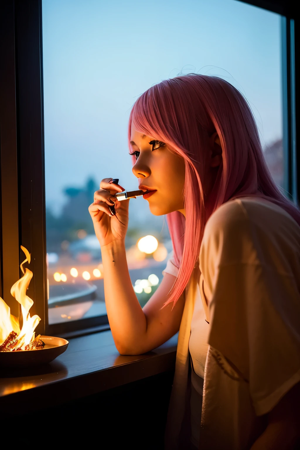 ((Highest quality)), ((masterpiece)), (detailed), One girl, slightly pinkish hair,Smoking a cigarette by the window,Dimly lit room by the bonfire,You can see Disneyland at night from the window.
