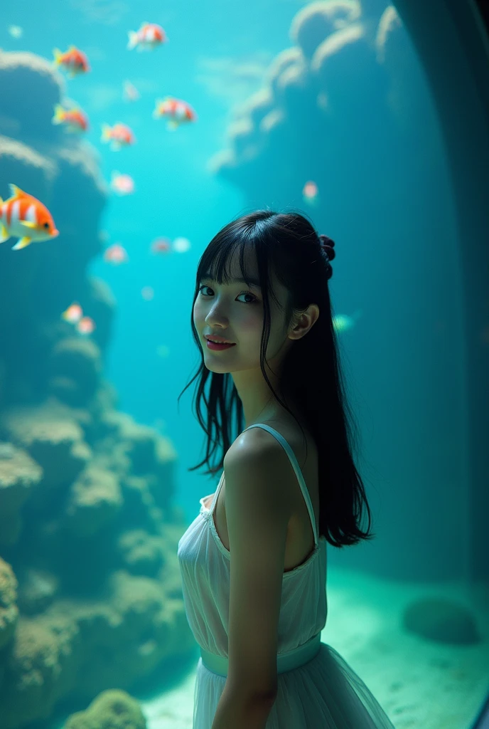 Very delicate and beautiful, wonderful, In detail, masterpiece, Very detailed, High resolution,Best shot, Best Shadow,Complex,Sharp focus, high quality, Japanese female 1 person, alone.cute,Fuka Koshiba,Yuki Sakurai, aquarium, Aquarium fish, Colorful coral reefs, Woman watching fish, Woman reflected in aquarium、There are fish swimming everywhere, Lens flare,Sleeveless,Beautiful breasts,Cool eyes,Glossy lips,smile,Glossy skin,Transparent skin,From below,From the waist up、Front blur、OM-D E-M1 Mark III,M.ZUIKO DIGITAL ED 17mm F1.2 PRO,F2.8、looking at the camera、Waistline、whole body