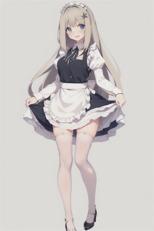 lexington \(warship girls r\),((Best quality))), ((Ultra-detailed)), ((illustration)), ((Disheveled hair)), ((frilld)), (1 girl), (Solo),,1girl, lifted_by_self, looking_at_viewer, open_mouth, solo, rating:safe, apron, black_footwear, black_shoes, clothes_pull, clothing, :d, female, footwear, legwear, long_hair, maid, maid_apron, makaria, open-mouth_smile, puffy_sleeves, shoes, skirt, skirt_hold, skirt_lift, skirt_pull, maid_skirt, smile, standing, white_legwear, flaxen long hair(delicate hair),blue eyes(delicate eyes),