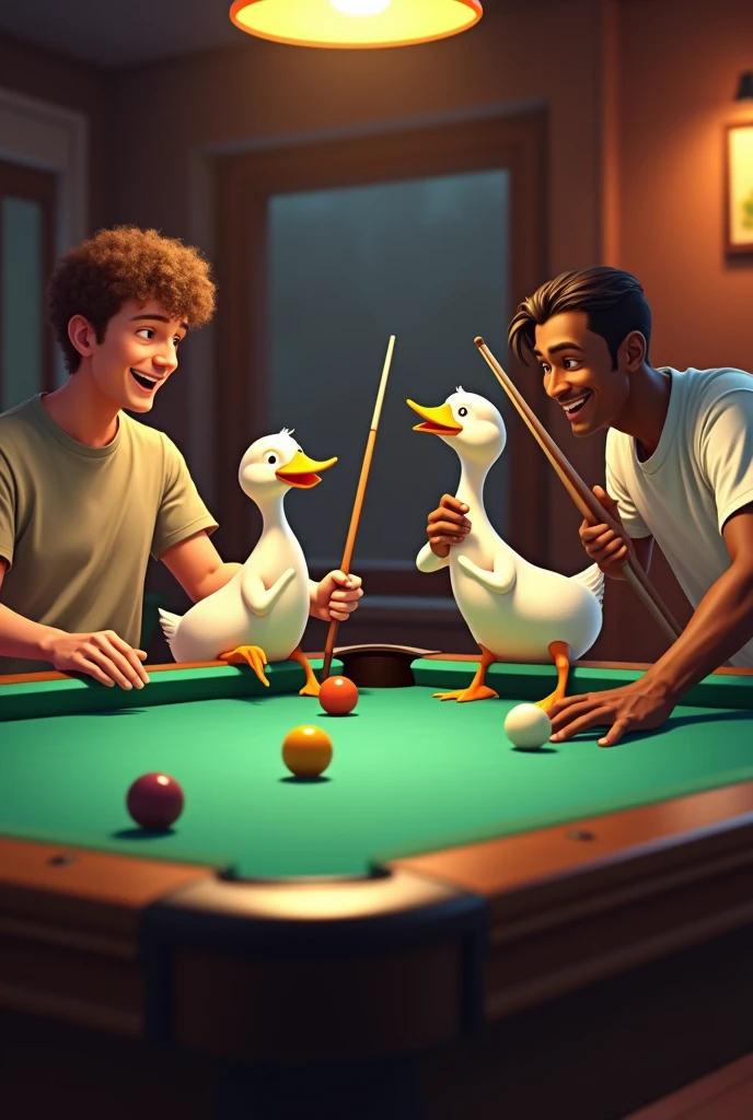 Two ducks, a white man and a black man playing pool