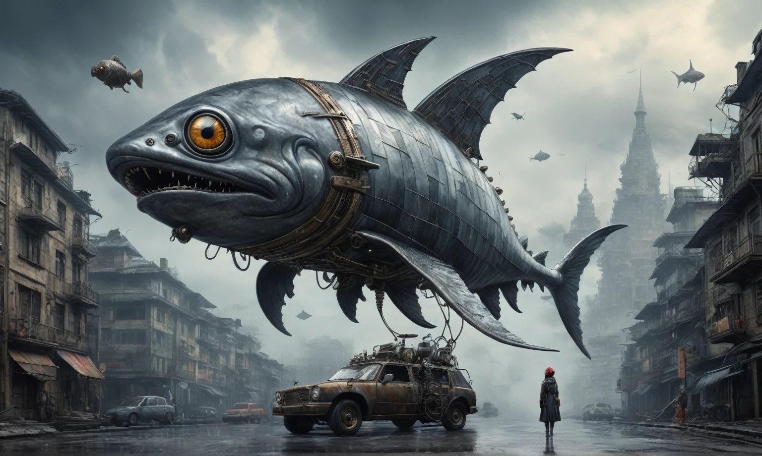 fish eyes, A Modern flat toon Crazy whit a Big ONE a Only Eye Robot USSR , and helmet Style, tongs in hands, pinhead, camouflage Rusty, Ambient in a meteorite ,graphite old witch after a psychiatric clinic,winter,intricate landscape,slate grey atmosphere,film grain,,faded,snake eyes extremely detailed,another world,ring of truth,French Braid with a Twist,view from height,once pretty face,eyebrow up,full body shot,ominous landscape, Simon Stalenhag,Nicola Samori,full body shot,beggar paladium The Alien Entity,Technicolor,natural skin textures, hyper realism, hyper detailed,Extremely detailed,High contrast,Masterpiece,Realistic,Ultra Detailed, intricate details,realistic humid leather,extremly intricate,Epic Realistic, cinematic style,irina yermolova,high contrast,hdr,extremely detailed, deep night landscape,masterpiece,intricate details,faded,eyes extremely detailed, high detailed eyes,8k resolution,RAW,retina, Nikon Z9,China,Guangxi Zhuang of China,tkt style,ears perfect, transition between two art styles, Ink painting to photorealism, Double contact, X-ray, Creative, vivid light, masterpiece, fantasy, Abstract, Surrealism, super detailed, high resolution, stop:35;(((creature with a spectral and ghostly appearance)). Her skin is pale, almost translucent,ancient rock,sharkfish's leather,In a vibrant and mesmerizing artwork, a hot air soars through the layers of clouds, revealing a colossal and enigmatic cityscape nestled within. The buildings in this ethereal city are adorned with intricate details and exude an aura of mystery. Above the cityscape, lend an enchanting touch to the scene. steampunk. The intricate mechanics create a sense of wonder and fascination, as if stepping into a dreamlike realism