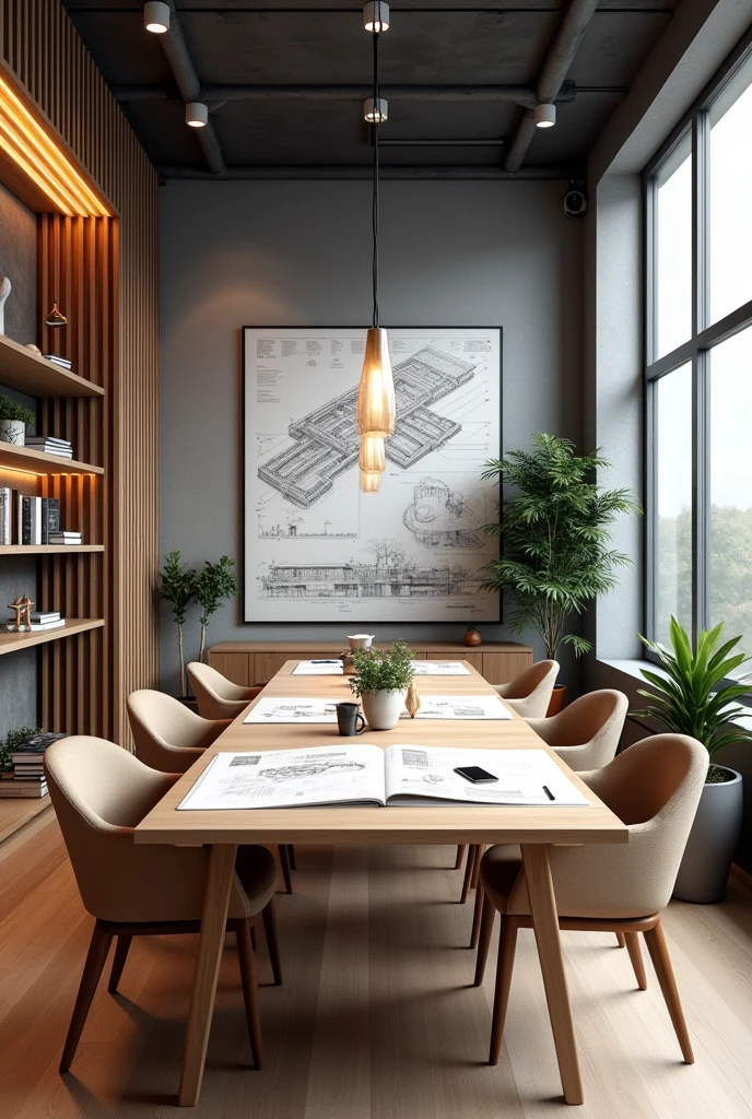 Create an image of the interior of an architectural office. The environment must be modern and creative, featuring:
1. **Workspace:**
- **Description:** Mesas de trabalho featuring featuringputadores, drawing materials, models and architectural plans. Inclua estantes featuring livros e amostras de materiais.
2. **Meeting Space:**
- **Description:** Sala de reunião featuring uma mesa grande, comfortable chairs and a screen for presentations. Add visible graphics and designs to walls.
3. **Área de Design:**
- **Description:** Espaço featuring mesas de desenho, tablets and material samples. Mostre designers trabalhando em projetos e interagindo featuring colegas.
Use uma decoração elegante e moderna featuring iluminação clara para realçar a atmosfera profissional do escritório.