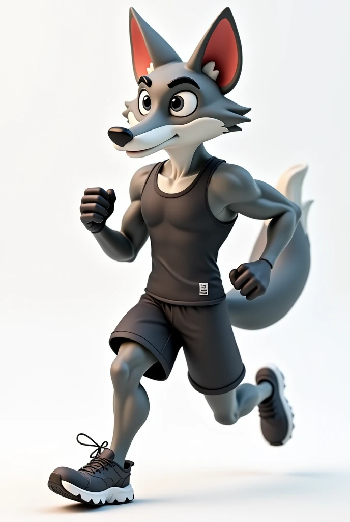 A realistic 3D cartoon muscular male gray fox, running wearing a tank top and exercise shorts and running shoes, from sideways