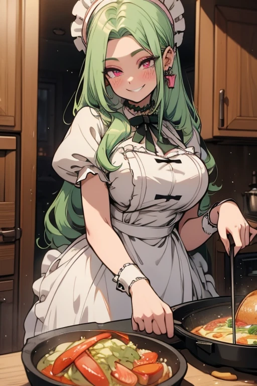 masterpiece, best quality, ultra high res, ultra-detailed, inside a kitchen, day, beautiful ocean city landscape, 1 young goblin girl, (dark green skin: 1.5), (green hair:1.4), (long braids hairstyle: 1.4), slut, hairy pubic hair, (little tits: 1.6), (erotic short maid dress with maid cap: 1.5), (cleavage exposed: 1.4), (Hard and erected Nipples: 1.4) sweating, (she is showing her naked ass while on a doggy style with a dildo in her ass squirting lots of cum and while she has the face of a very slutty whore and moans a lot while coming from behind: 1.5), (View from behind: 1.6)