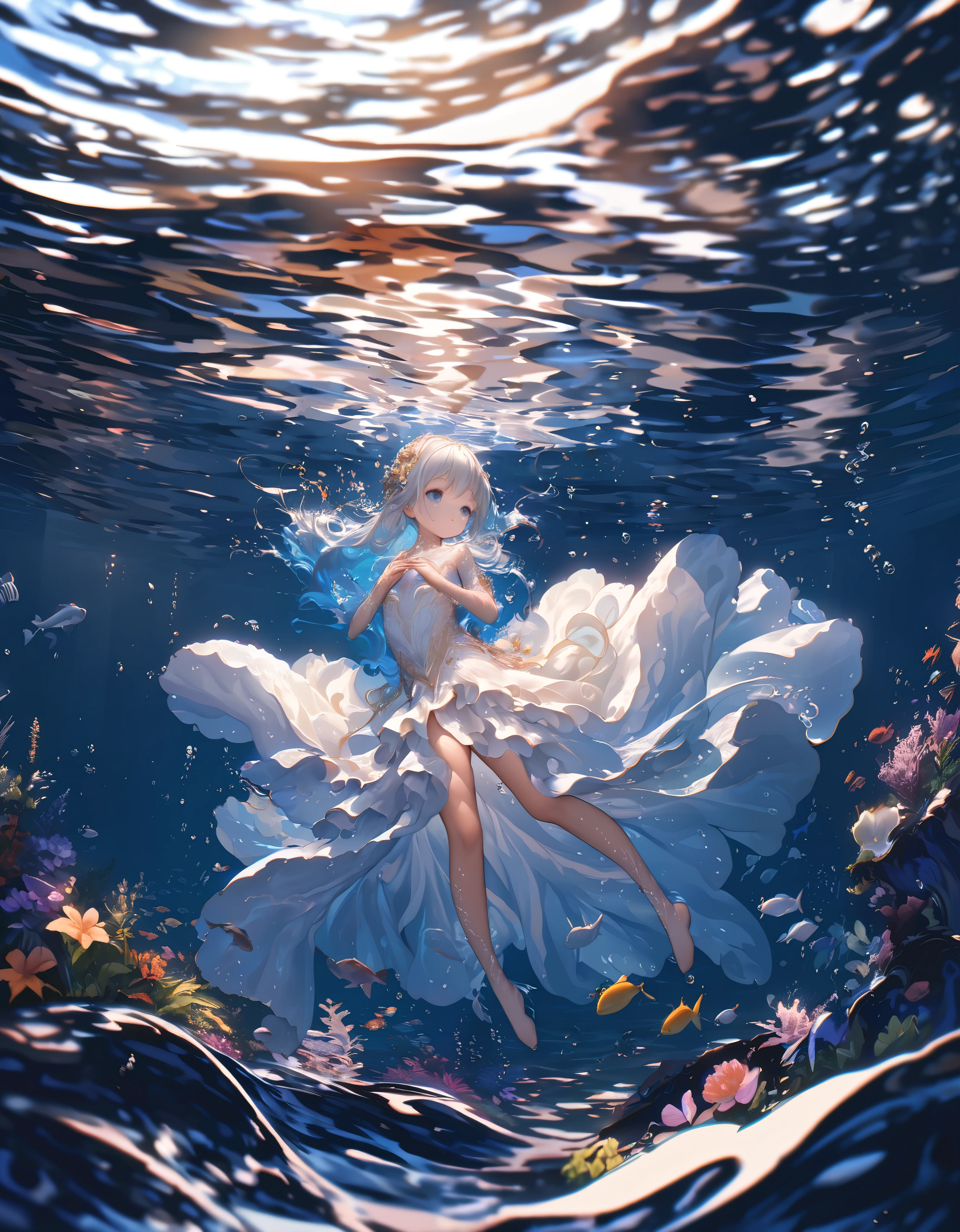 (full body), (solo), (A 7-year-old girl:1.2), (very young little girl), loli, (Solo), (small breast), (wide angle), raw photo, Aesthetic, Convoluted, Awarded, chiaroscuro, Best Quality, Detailed background, (underwater atmosphere:1.2), (underwater photo, floating drowning:1.1), ((Girl in very long white dress:1.2)), (very wet dress:1.1), detailxl, As the petite girl descends into the depths of a serene, crystal-clear body of water, her grand white silk dress undergoes a transformation, becoming a part of the aquatic ballet that unfolds beneath the surface.
The silk, once light and airy, now takes on the weight of the water, its fibers absorbing the liquid, becoming heavier and more substantial. The dress clings to her body, revealing the contours of her form in a way that is both graceful and ethereal. The fabric, saturated and flowing, takes on the appearance of a second skin, a delicate shell that encapsulates her petite frame.
The lace that once danced in the breeze above now undulates with the currents of the water, its intricate patterns becoming a part of the underwater tapestry. The lacework, now submerged, seems to take on a life of its own, its delicate threads swaying and twisting with the gentle pull of the water, creating a mesmerizing dance of shadows and light.
The embroidery on the bodice, once a garden of flowers on solid ground, now appears as if it is blooming underwater. The threads, now wet, seem to glisten with a new vibrancy, the colors deepening and becoming more intense as they reflect the refracted light of the watery realm.
The ruffles and flounces of the gown, once a cascade of airy elegance, now ripple and sway with the motion of the water, creating a flowing effect that is both hypnotic and serene. The layers of tulle and silk, now heavy with water, move with a slow, deliberate grace, as if the dress itself were a part of the aquatic ecosystem.
once a symbol of grandeur and poise, now trails behind her like a mermaid's tail