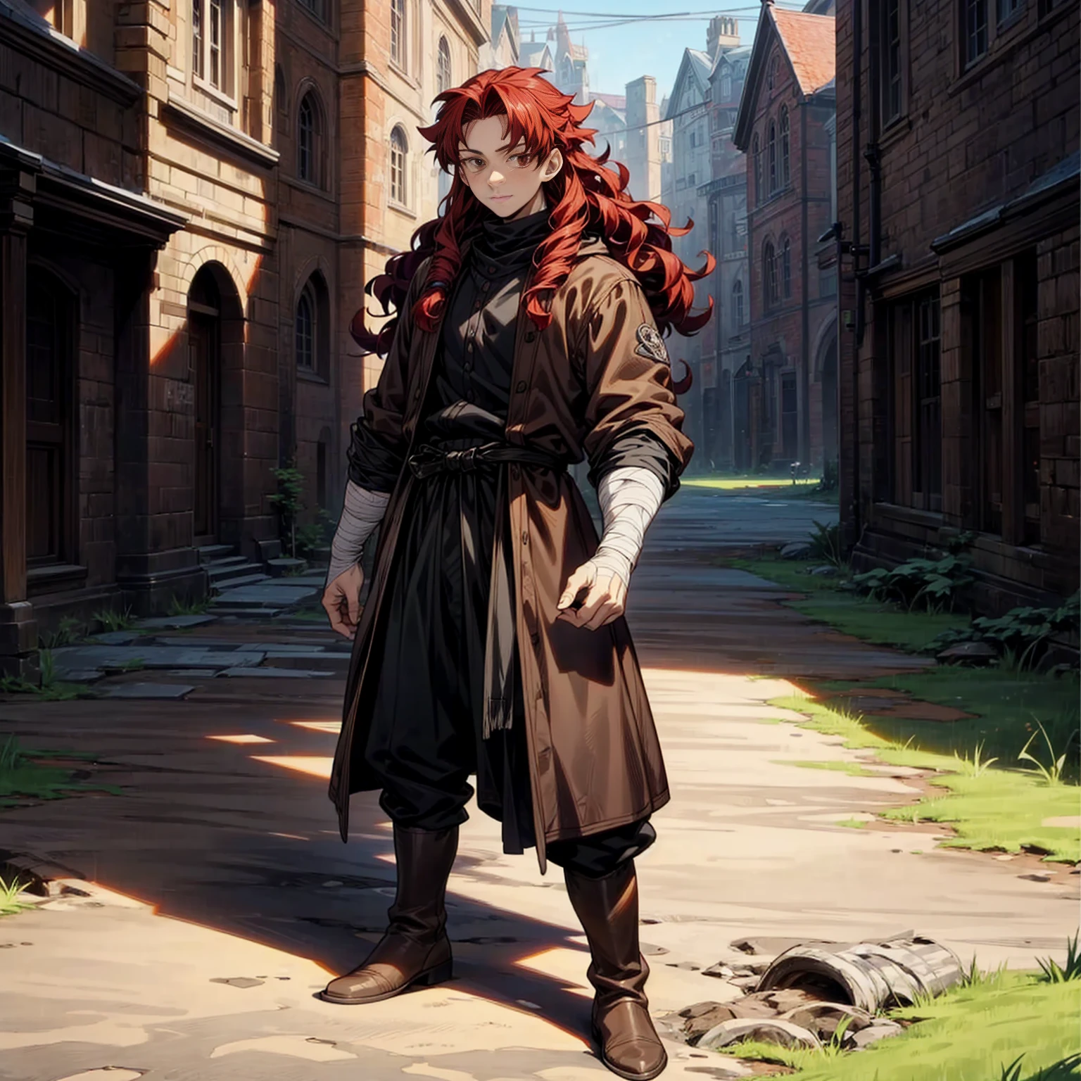 Solo character, full body version, young man, muscle, tall height, brown eyes, red color hair, long curly hair, casual clothing, black color clothing, bandage, boots, outdoor, village, medieval, morning, detailed background, detailed clothing, detailed hair, happy, (Hunter x Hunter style art), standing gesture 