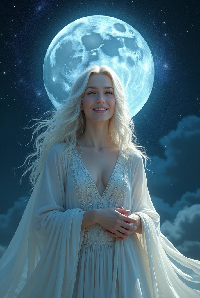 Moon Goddess The background is a fantastic starless night Face is clearly visible from the front Celtic white clothing smile