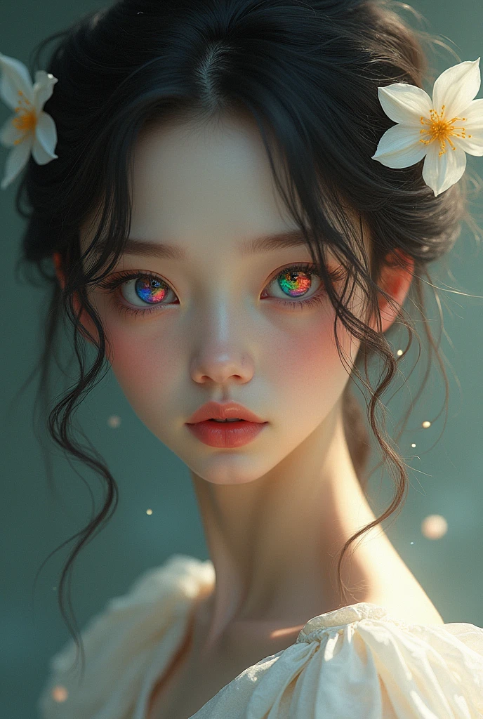 A long faces beautiful girl having colorful eye and wearing white frock