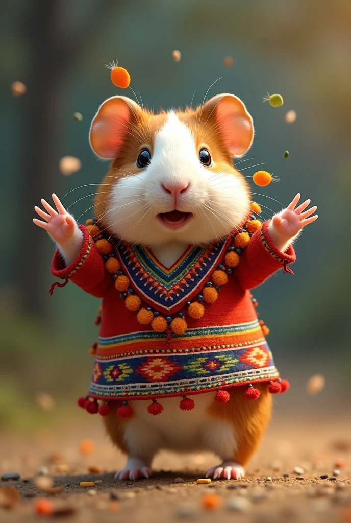 Create a guinea pig dressed in a Peruvian costume jumping around with joy
