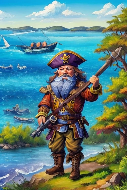 A dwarf pirate, with sea and boats behind him