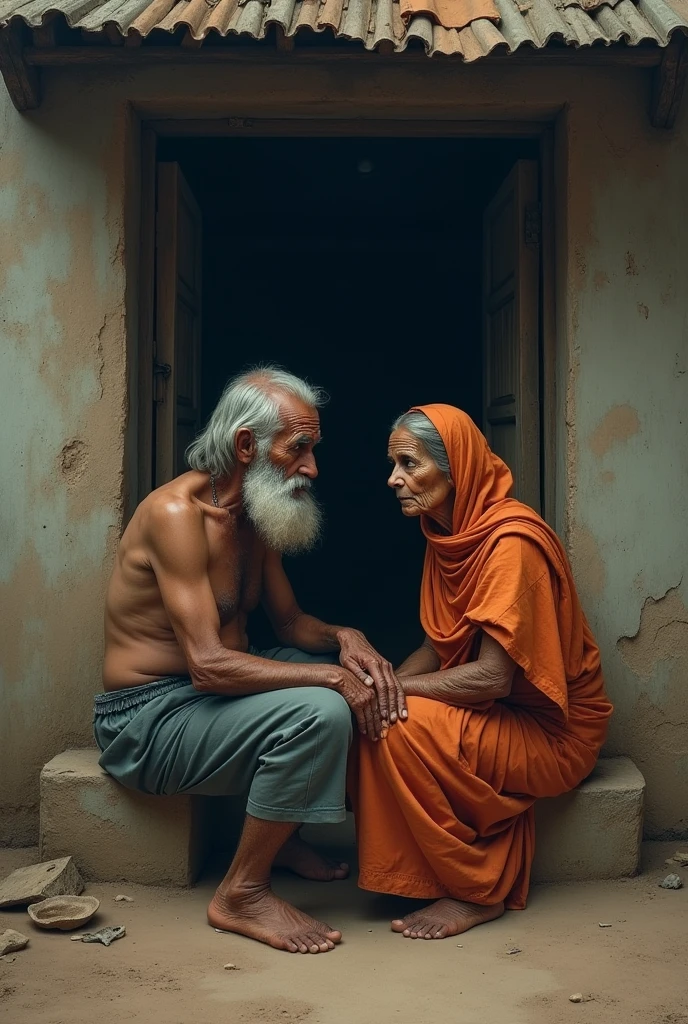 A poor old man and a poor old woman from the Hindu community are sitting separately outside a broken hut, looking at each other and crying.