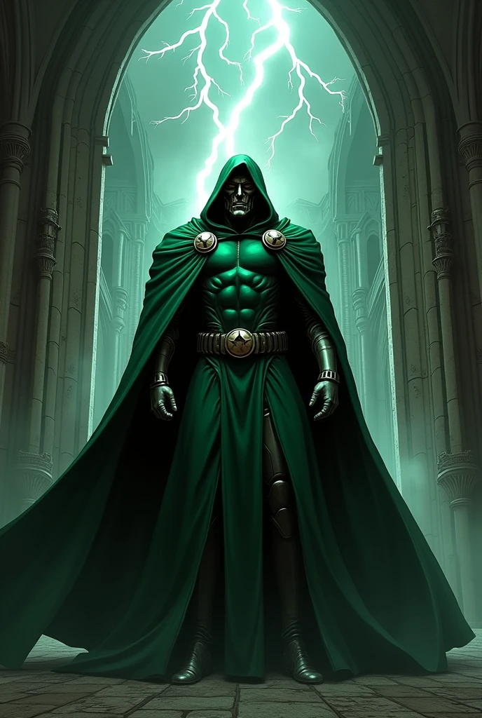 Create an illustration of Doctor Doom, a tall and imposing figure in a metallic green armor with a hooded cape, standing in a dramatic pose in a dark, futuristic castle. His face is partially obscured by a metallic mask, and the background features gothic architecture and lightning striking outside, emphasizing his powerful and menacing presence.