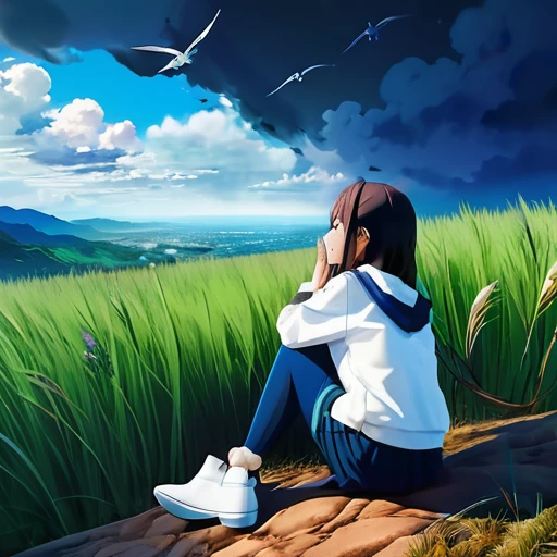 anime landscape of a girl＆cute corgidog sitting on a hill with grasses with dark blue clouds, blue cere madder sky  lightly big bell   with few clouds, anime nature wallpapers, beautiful anime scene, beautiful anime peace scene, Makoto Shinkai Cyril Rolando, beautiful scene of anime, amazing wallpaper, anime art wallpaper 8k, anime background, art anime background, anime 4k wallpaper, anime art 4k wallpaper, anime art 4k wallpaper,  prayer of requiem  prayer of requiem