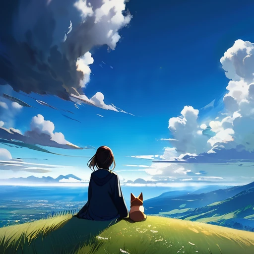 anime landscape of a girl＆cute corgidog sitting on a hill with grasses with dark blue clouds, blue cere madder sky  lightly big bell   with few clouds, anime nature wallpapers, beautiful anime scene, beautiful anime peace scene, Makoto Shinkai Cyril Rolando, beautiful scene of anime, amazing wallpaper, anime art wallpaper 8k, anime background, art anime background, anime 4k wallpaper, anime art 4k wallpaper, anime art 4k wallpaper,  prayer of requiem  prayer of requiem