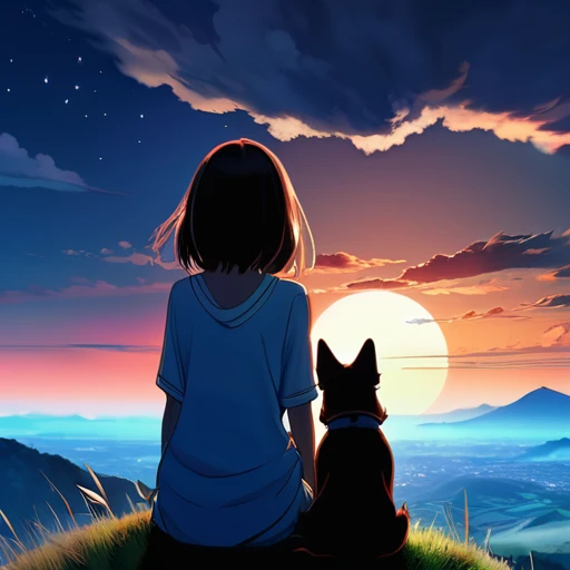 anime landscape of a girl＆cute corgidog sitting on a hill with grasses with dark blue clouds, blue cere madder sky  lightly big bell   with few clouds, anime nature wallpapers, beautiful anime scene, beautiful anime peace scene, Makoto Shinkai Cyril Rolando, beautiful scene of anime, amazing wallpaper, anime art wallpaper 8k, anime background, art anime background, anime 4k wallpaper, anime art 4k wallpaper, anime art 4k wallpaper,  prayer of requiem  prayer of requiem