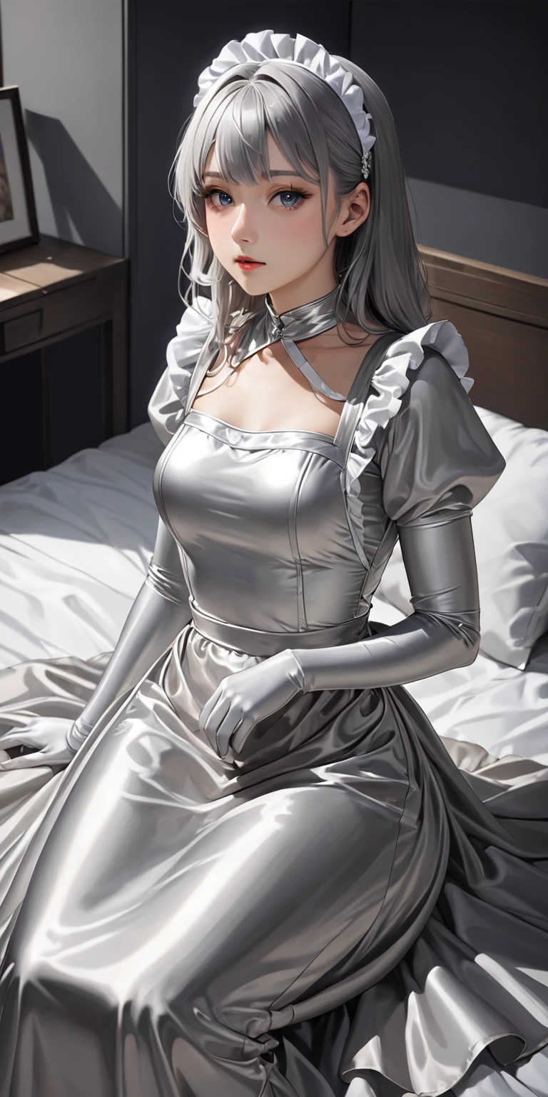 Portraiture、(masterpiece,Highest quality,Ultra-high resolution),Japanese women, (((Very beautiful 25 year old girl)))、(She is wearing a shiny light silver satin long sleeve maid outfit..)、The dress has a simple design without any patterns...、(((A long skirt made of pale silver satin.)))、Pale silver satin gloves、((Pale silver satin bodysuit))、Sitting on a bed in a dark room
