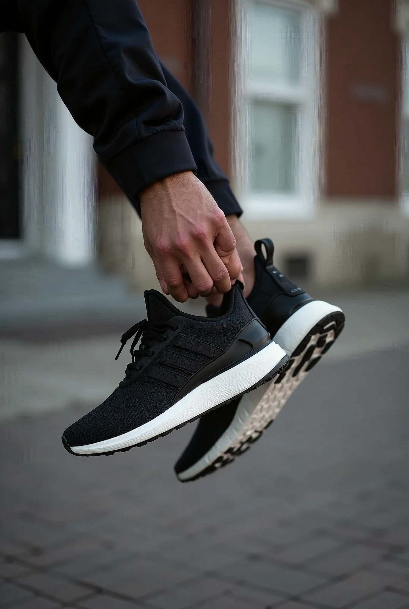 Man holding a pair of adidas sneakers in his hand