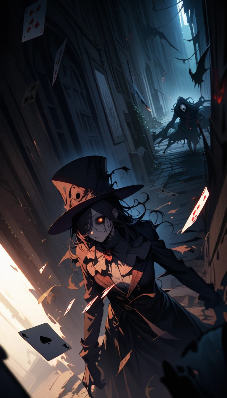 ((best quality)) , ((masterpiece)) , (detailed),League of Legends splash art depicts a Magician in the style of Akihiko Yoshida playing cards in an alleyway at night. He wears a magician's hat on his head against a backdrop of a fantasy background with cinematic lighting. A dynamic camera angle shows the magician surrounded by a dark red, purple, blue and yellow color palette. Card design elements fly around him, colorful and dramatic.,((Horror-themed , Eerie, unsettling, dark, spooky, suspenseful, grim, highly detailed))