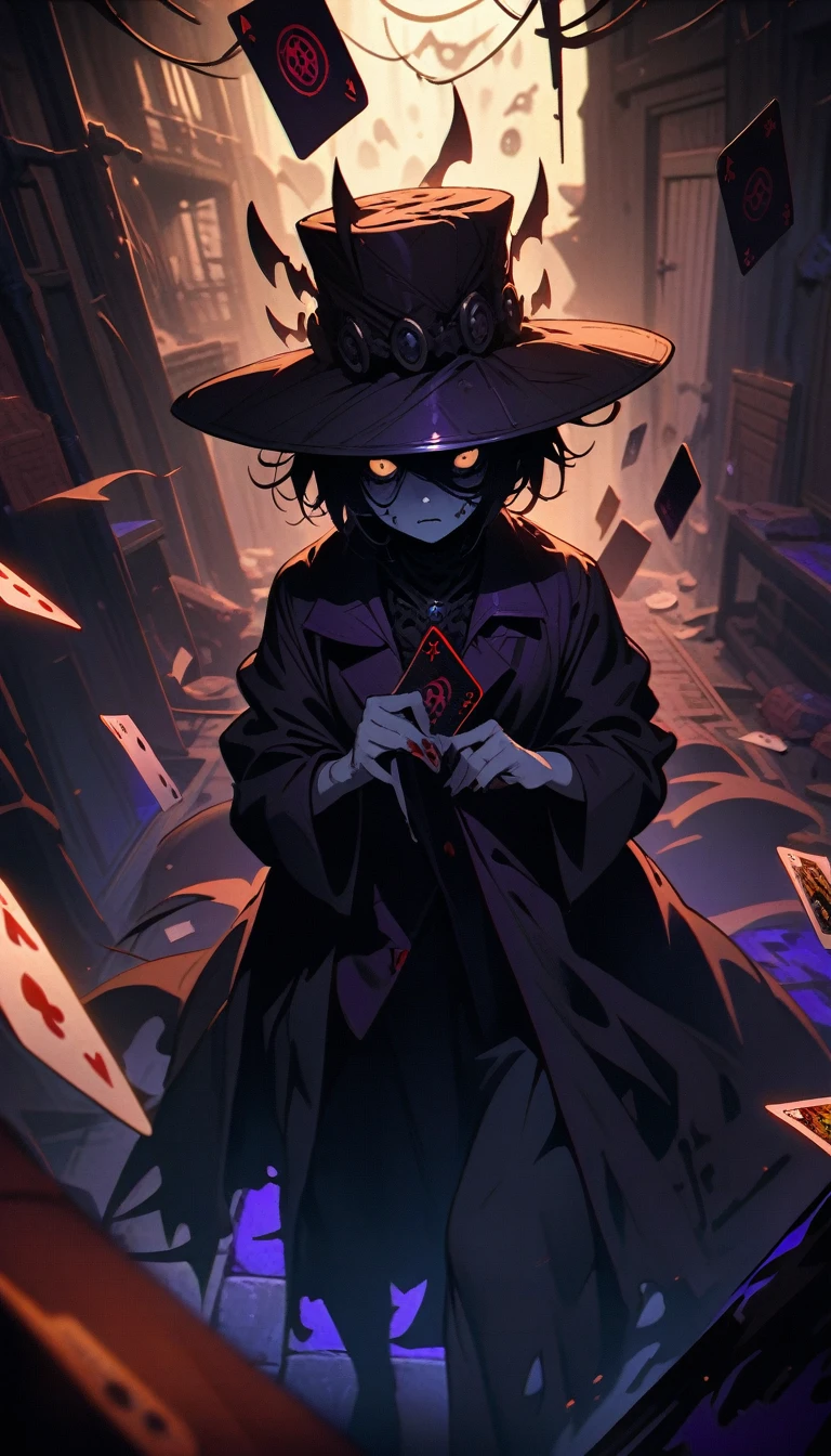 ((best quality)) , ((masterpiece)) , (detailed),League of Legends splash art depicts a Magician in the style of Akihiko Yoshida playing cards in an alleyway at night. He wears a magician's hat on his head against a backdrop of a fantasy background with cinematic lighting. A dynamic camera angle shows the magician surrounded by a dark red, purple, blue and yellow color palette. Card design elements fly around him, colorful and dramatic.，((Horror-themed ， Eerie, unsettling, dark, spooky, suspenseful, grim, highly detailed))