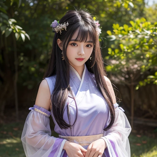 best quality, Delicate face,beautiful visual work, lifelike, eternity, black hair, Long curly hair, blunt bangs, Smile, Detailed Background, Delicate face,blush,cold,((masterpiece))、(top quality)、8k、high detail、Super detailed,31-year-old female,身穿唐制Hanfu、waist skirt, Clothes are light and fluffy,Hanfu, wide sleeves, Transparent sleeves, Long sleeve, Tunic, Clothes made of chiffon, masterpiece、born、Scenes resembling fairy tale illustrations、intricate details和複雜的設計、Beautifully、magic、capricious、 Beautifully、Dream aesthetics、「𝓡𝓸𝓶𝓪𝓷𝓽𝓲𝓬、ethereal、charming、fickle、magic」、realism、Visual effects、FXAA、SSAO、Shader、voiceless、ambient lighting、Tone mapping、High resolution、Ultra high quality、Million pixels、(8K resolution:1.10)、8k、8k以下、8K resolution、high detail、intricate details, (high quality:1.2、masterpiece:1.2、:1.21)、(31-year-old female:1.21)、(興奮地Smile)、(被dream般的氛圍所包圍、Model diagram,full-body shot,Normal 2 feet,Put your hands behind you,The protrusion of the breast is visible when wearing clothes, Large Breasts, H cup chest, antiquity, Xian Xia, gauze clothes, Soft and fluttering, Fairy, dream, fantasy, light, Elegant, nature, Immortal, romantic, classical, ribbon, light purple clothes,In the forest, Wear tulle,tulle blouse