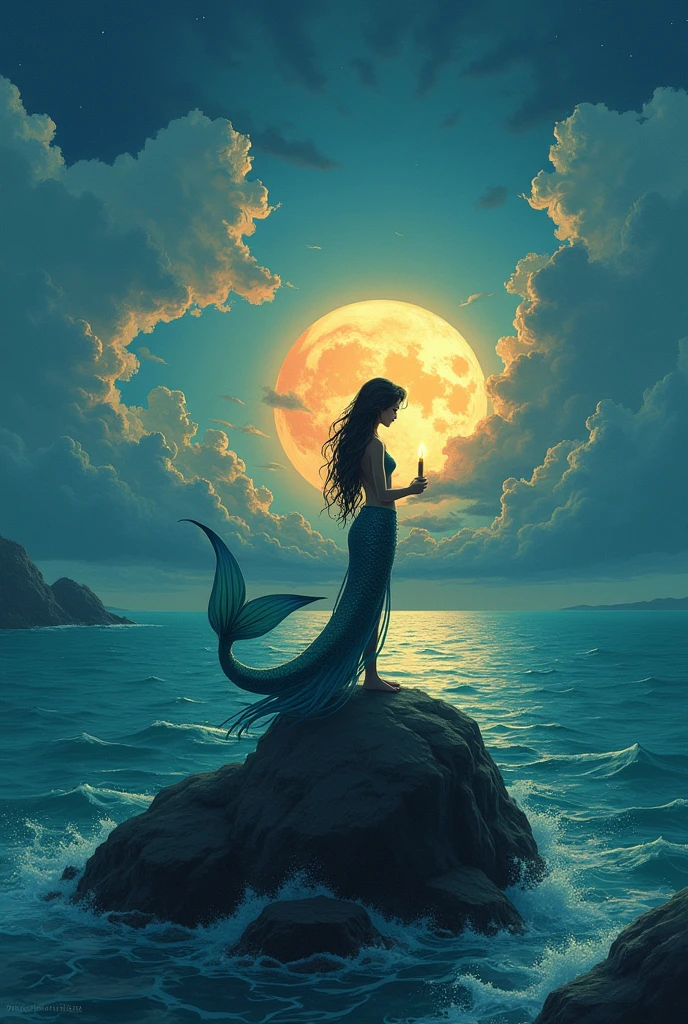 illustration of a mermaid holding a candle in the middle of the sea on top of a rock with the sunset behind