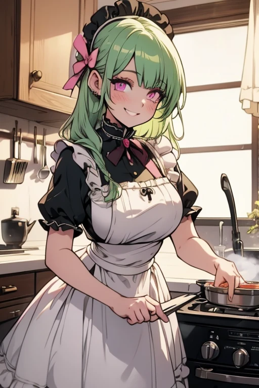 Perfect face. Perfect hands. A light green haired woman with pink eyes with an hourglass figure in a Lolita maid dress is smiling while cooking in a fancy kitchen