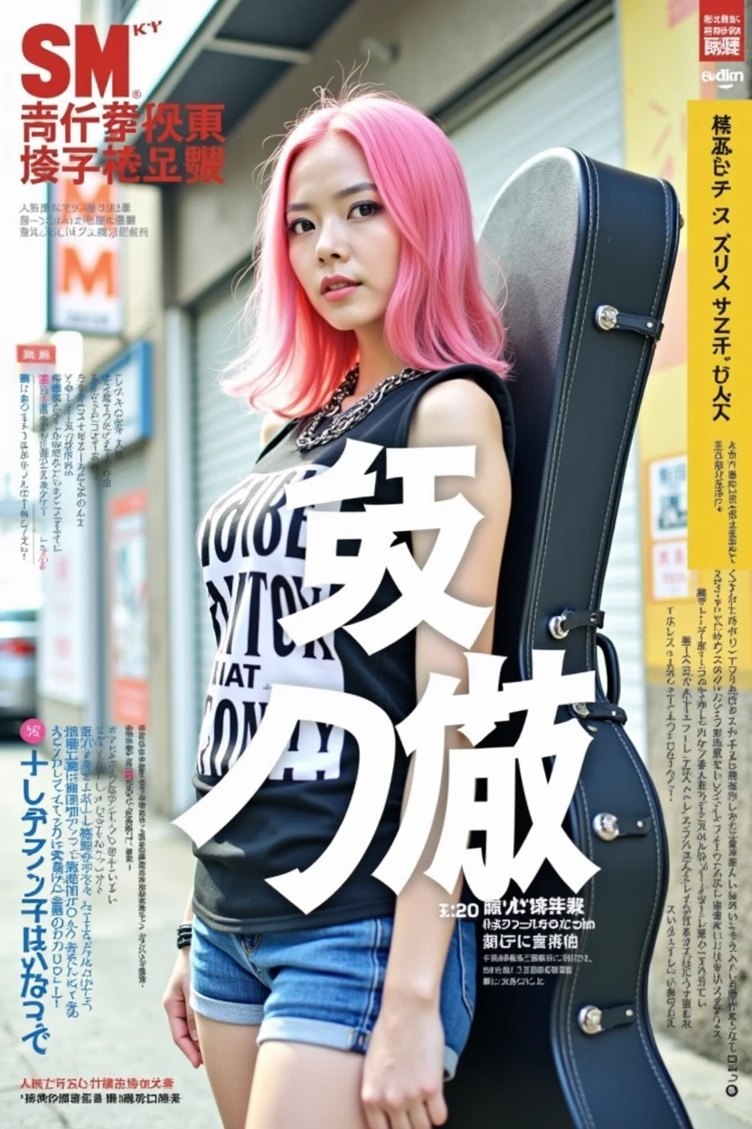 Poster layout for adult video, with text on screen: "The underground rock band vocalist is so cute that I decided to take off her clothes &quot;Ryoko Arisugawa&quot; &quot;AV Debut!"、(((Japanese woman carrying a large black guitar case))), 26 year old adult woman wearing a black crew neck top with large English letters on her chest and short blue jeans posing for a photo, busty female porn actor, dynamic pose, model pose for rock music magazine, unimaginably beautiful woman with slender curves, Japanese female fashion model, (((very bright pink hair))), happy, thick chain jewelry around neck and arms, (((in front of a strip theater in Asakusa))), pure and beautiful smile, intelligent face, slender curves, big breasts, wearing a black t-shirt, a very small leather jacket, denim shorts, (((extreme low angle))), zero, building, carrying a black guitar case with a guitar strap attached