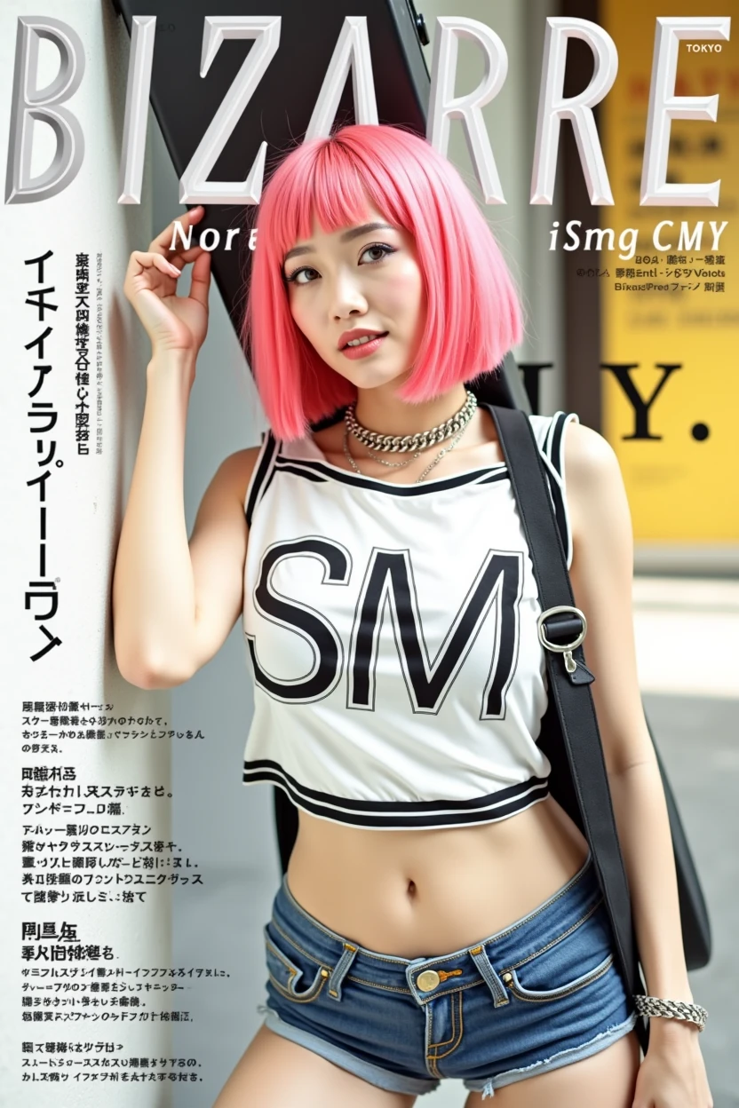 Best quality, Works of masters, A high resolution, 1girl, Super beautiful face, super beautiful eye, Super beautiful pink mohawk hair,(MagazineCover:1.2),Trendy Harajuku-inspired rock outfits,Expose shoulders, accentuated super huge enormously gigantic , cleavage showing