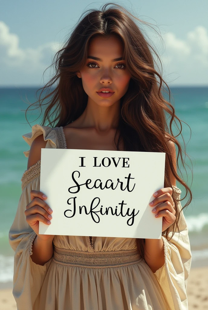Beautiful girl with wavy long hair, bohemian dress, holding a white board with text "I Love Seaart Infinity" and showing it to the viewer